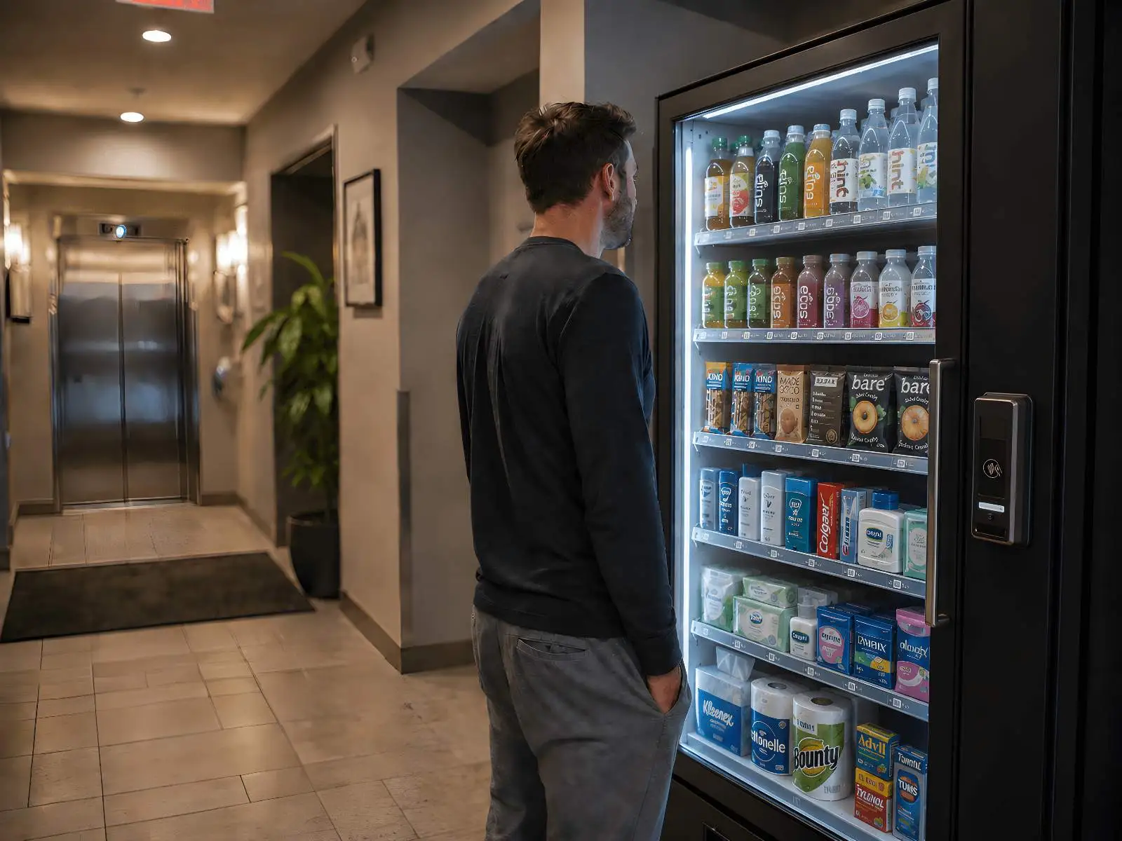 Man using a Local Needs vending machine in a Hudson County, NJ apartment lobby